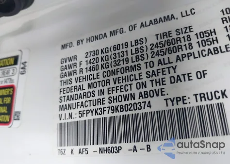 2019 Honda Ridgeline Rtl-E из США, поврежденный, VIN 5FPYK3F79KB020374